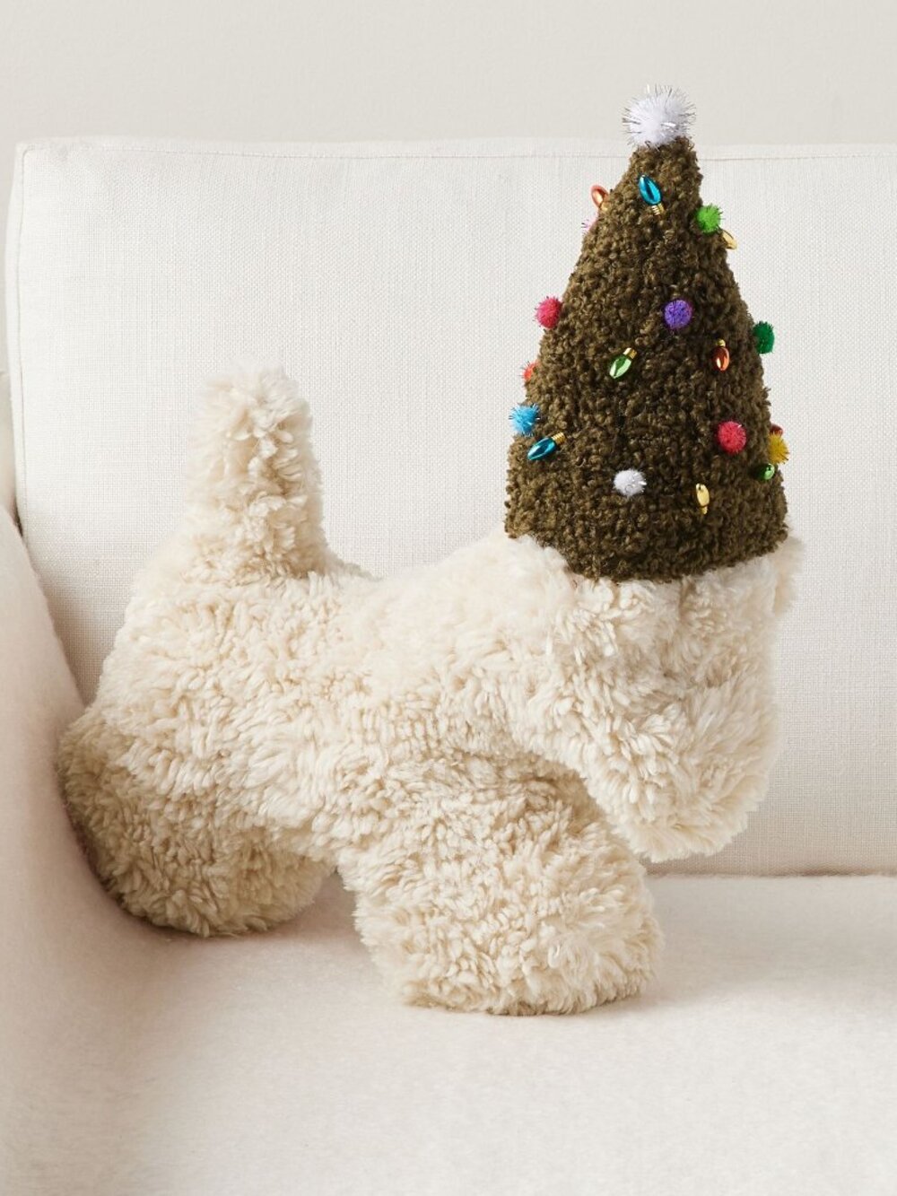 Pottery Barn Dog with Holiday Christmas Tree Hat Shaped Accent Pillow Decor NEW